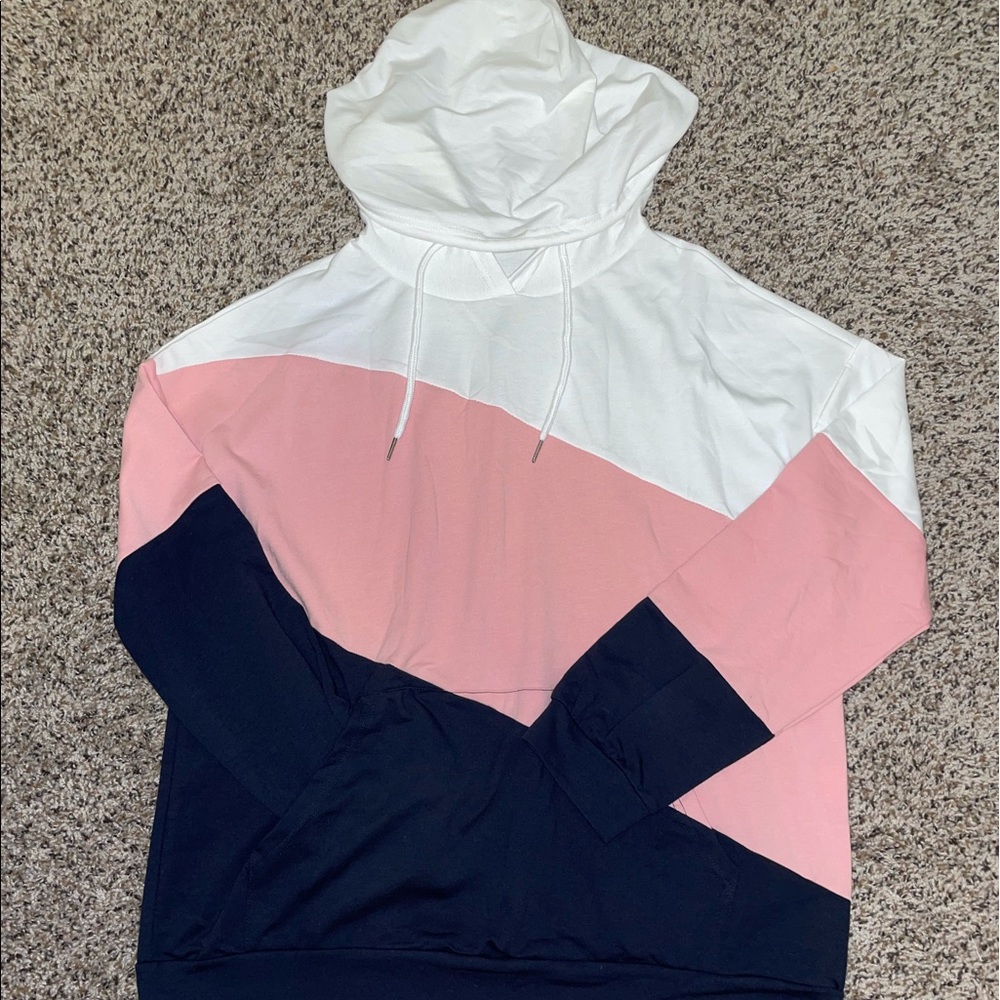 Pink, blue, and white hoodie from Amazon. Size L.